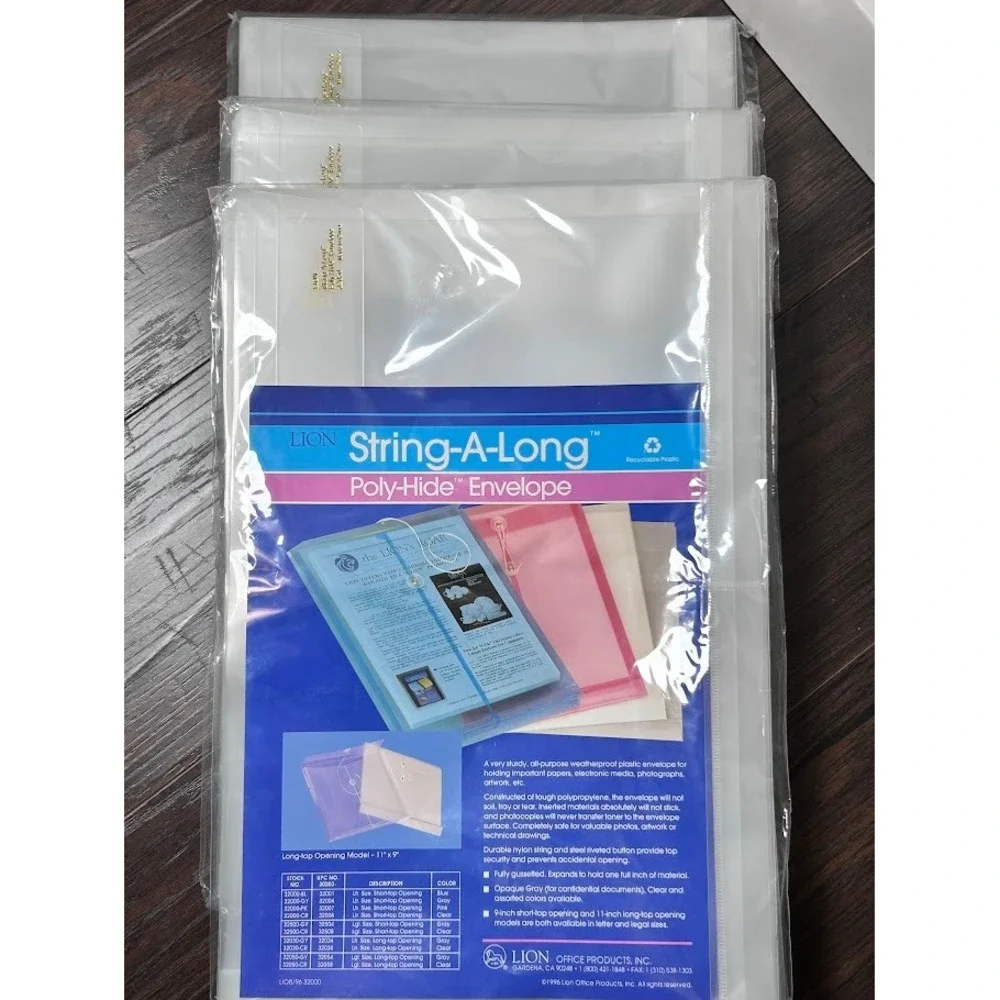 LION String-A-Long Poly-Hide Envelope 11x9‎ Long Top Opening Clear (3packs)